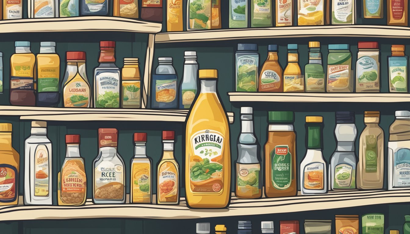 A bottle of rice vinegar sits on a kitchen shelf, surrounded by other condiments and ingredients. The label indicates the expiration date, while the liquid inside remains clear and undisturbed