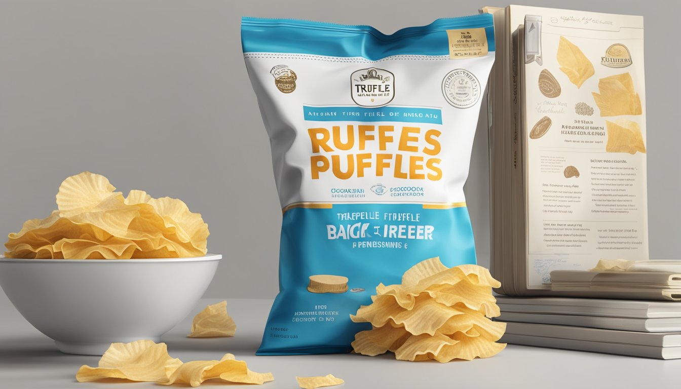 A bag of Ruffles sits on a kitchen counter next to a truffle derivative cookbook, with a few chips scattered around