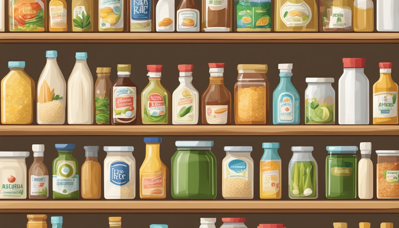 A bottle of rice vinegar sits on a clean, organized shelf in a pantry, surrounded by other neatly arranged condiments and cooking ingredients