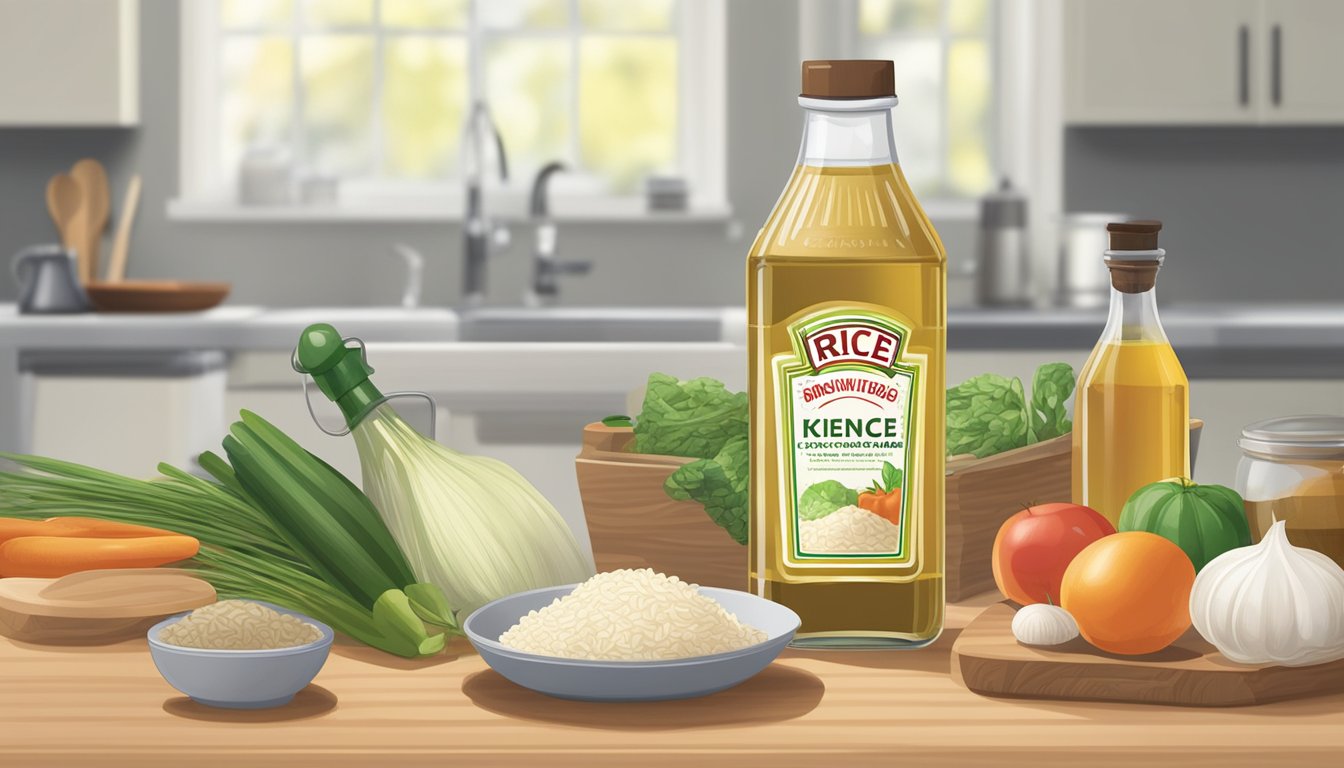 A bottle of rice vinegar sits on a kitchen counter, surrounded by various ingredients and cooking utensils. The label on the bottle indicates the expiration date