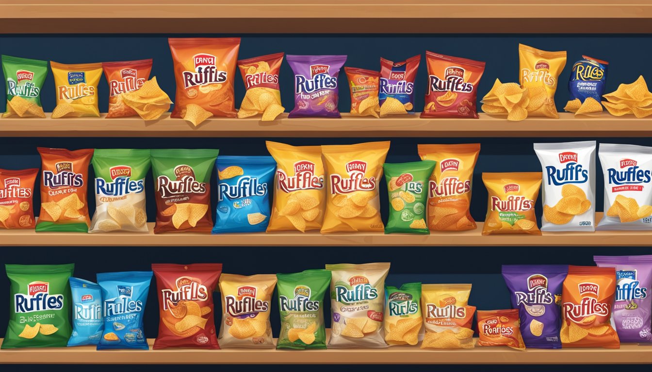 A bag of Ruffles chips sits unopened on a pantry shelf, surrounded by other snack items. The expiration date is visible on the packaging