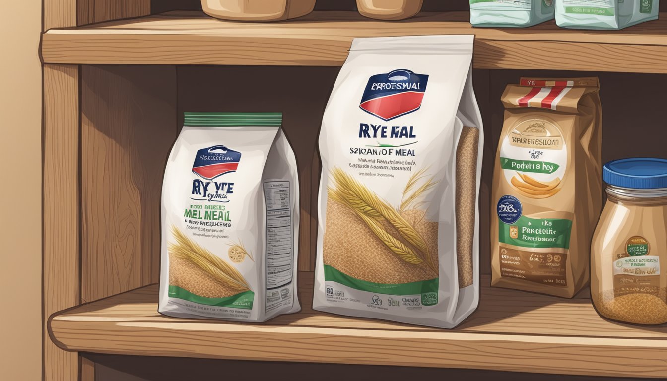 A bag of rye meal sits on a pantry shelf, sealed and labeled with expiration date