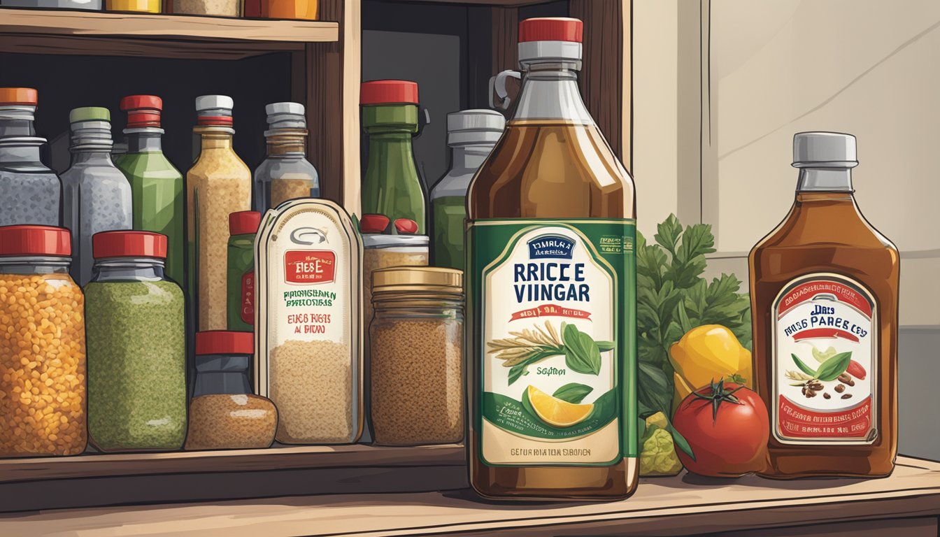 A bottle of rice vinegar sits unopened on a pantry shelf, surrounded by other condiments and spices. The label indicates the expiration date is still several years away