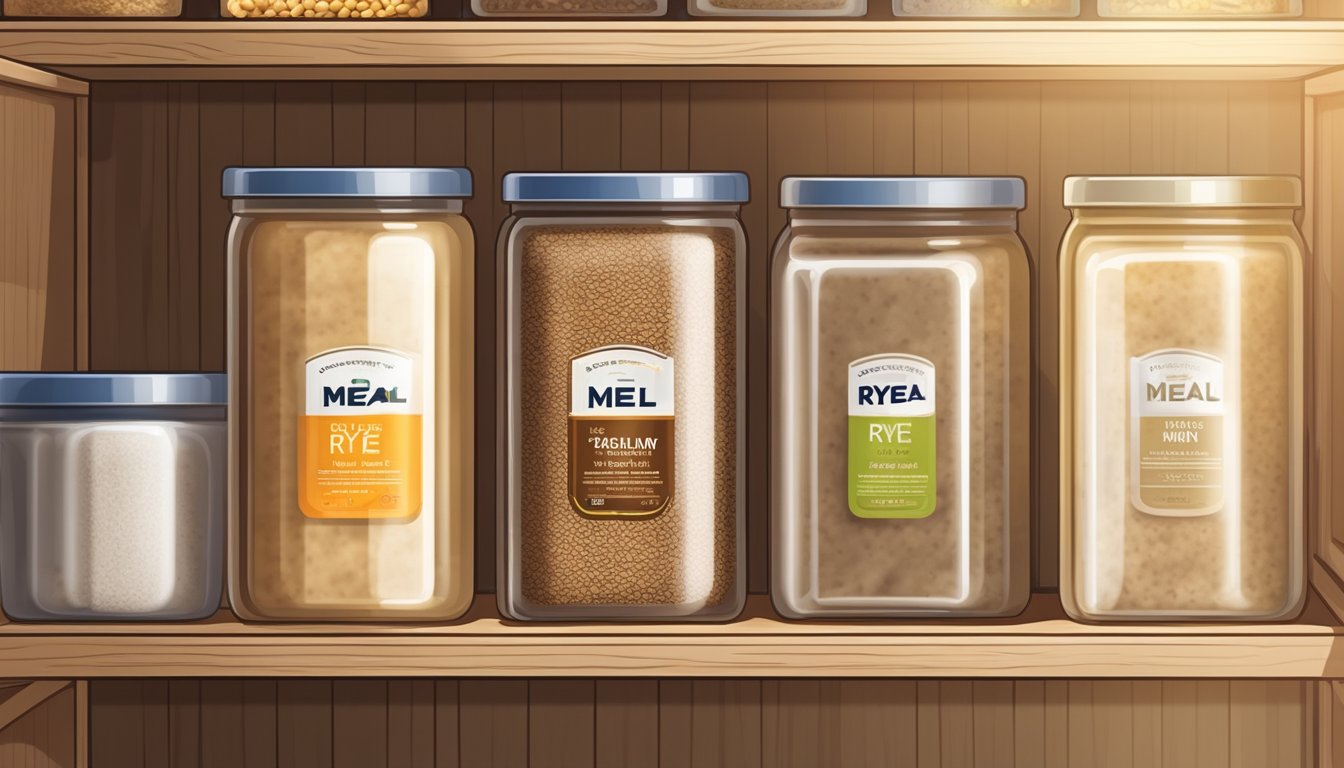 A tightly sealed container of rye meal on a pantry shelf, away from direct sunlight and heat sources