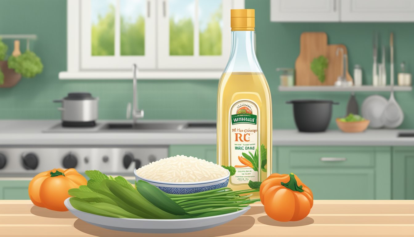 A bottle of rice vinegar sits on a kitchen counter, surrounded by fresh vegetables and a bowl of rice. The label indicates the health benefits of the vinegar