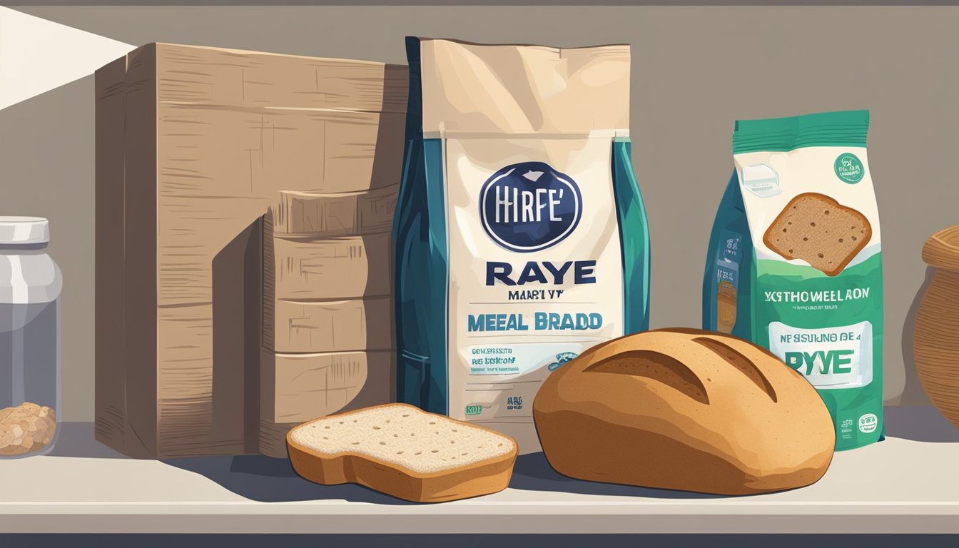 A sealed bag of rye meal sits on a pantry shelf, with a visible expiration date and a moldy loaf of bread nearby