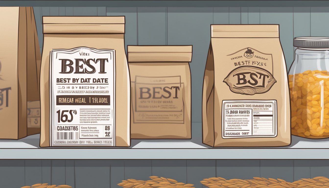 A sealed bag of rye meal sits on a pantry shelf, with a "best by" date printed on the label