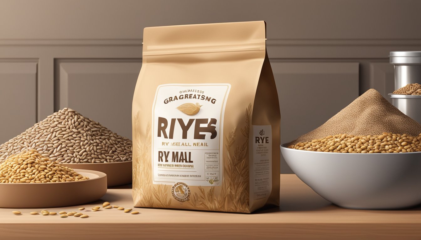 A bag of rye meal sits on a pantry shelf, surrounded by other whole grains. The packaging is unopened, and the grains inside appear dry and intact