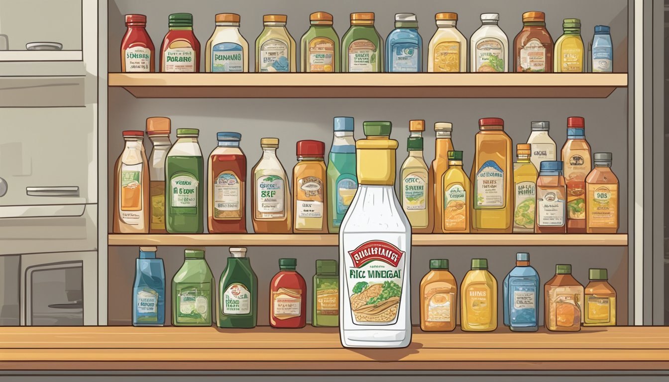 A bottle of rice vinegar sits on a kitchen shelf, surrounded by other condiments. The label shows the expiration date