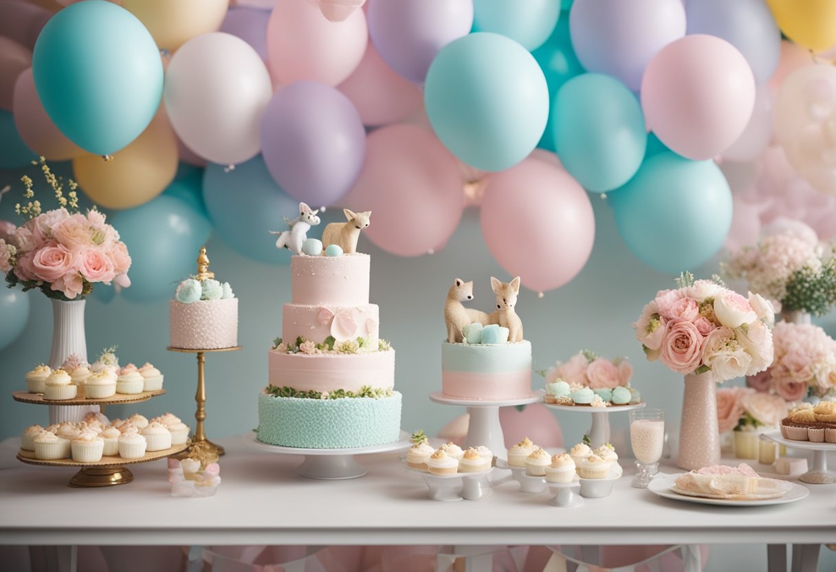 A whimsical baby shower scene with pastel colors, balloons, and a cute animal-themed decor. A dessert table adorned with a diaper cake and floral arrangements completes the charming setting