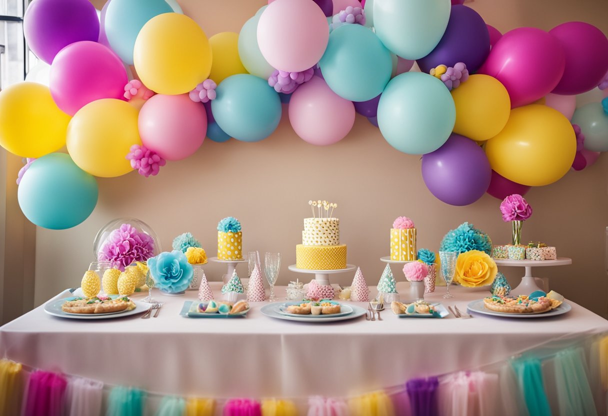 A colorful array of baby-themed decorations, including balloons, streamers, and banners, adorns the party space. A large table is set with an assortment of themed centerpieces and party favors