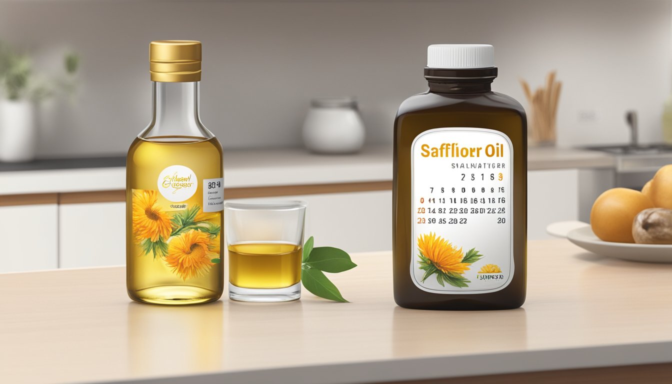 A bottle of safflower oil sits on a kitchen counter next to a calendar, with the date of purchase circled. The oil is clear and golden, with a label indicating its expiration date