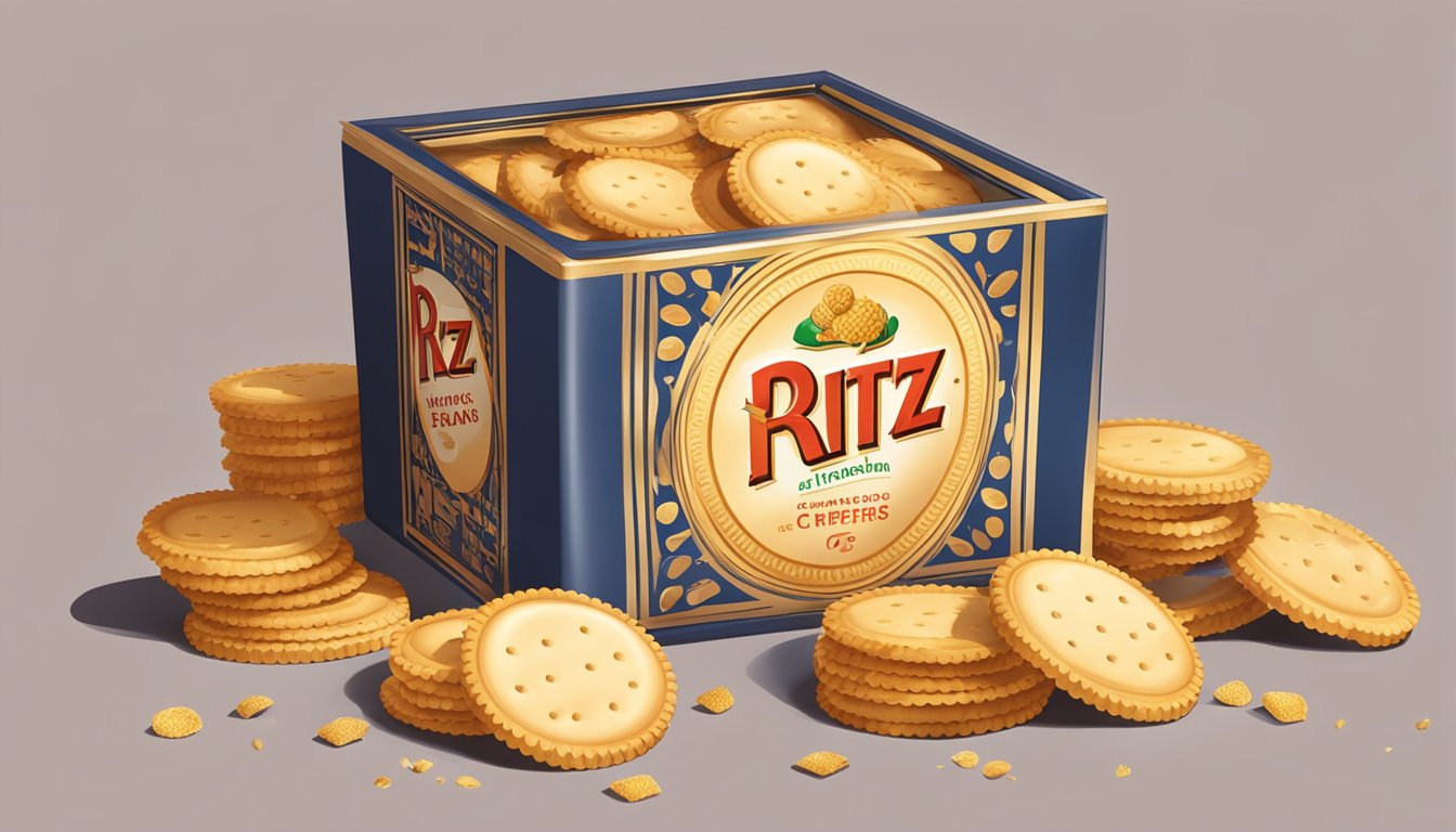 A stack of Ritz Crackers sitting on a kitchen counter, surrounded by a few crumbs and an open package