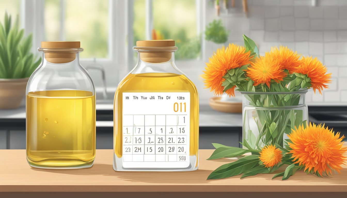 A clear glass bottle of safflower oil sits on a kitchen counter, surrounded by vibrant, fresh safflower flowers and a calendar showing the current date