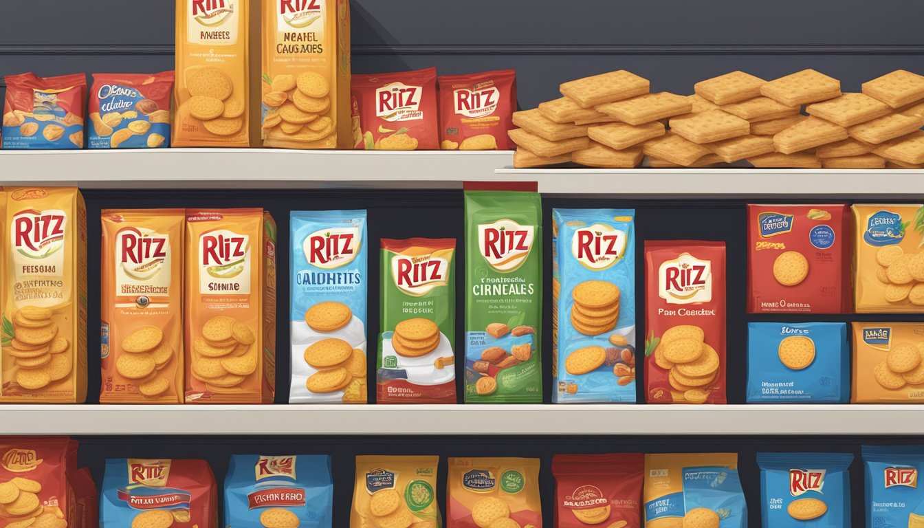 A package of Ritz Crackers sits on a kitchen shelf, surrounded by other pantry items. The crackers are intact and the packaging is unopened