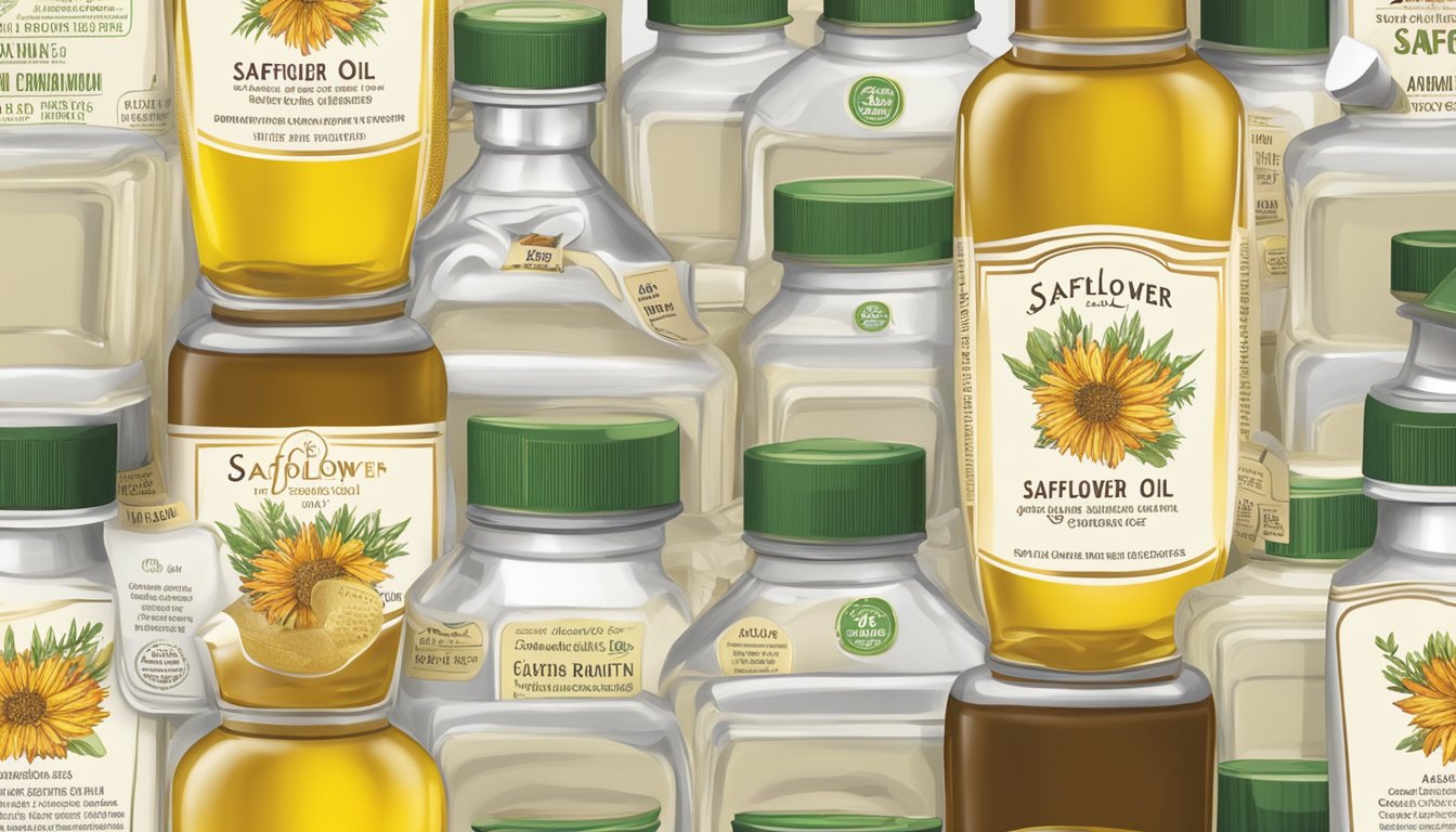 A bottle of safflower oil sits on a pantry shelf, surrounded by other cooking oils and spices. The expiration date is clearly visible on the label