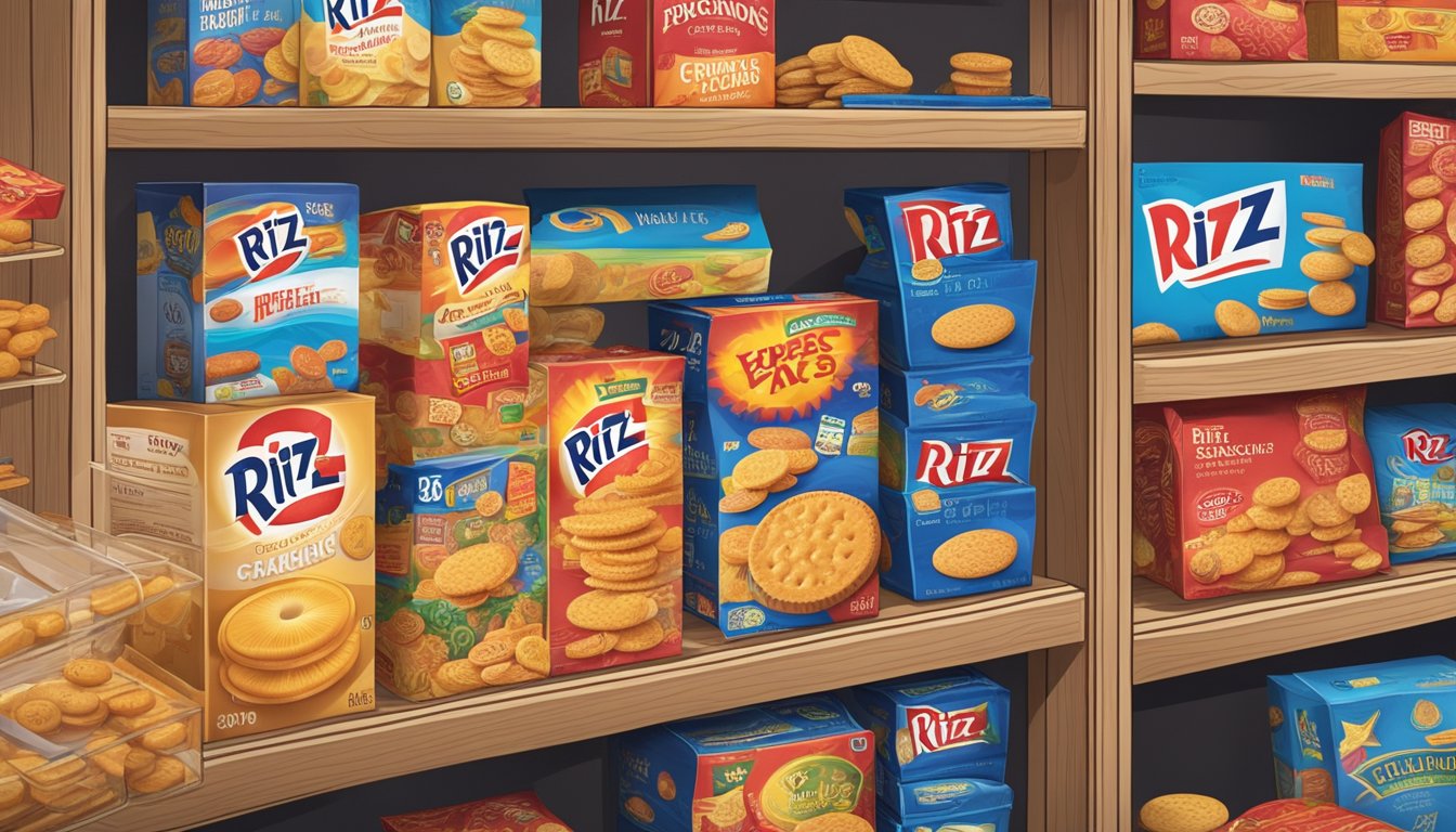 A box of Ritz Crackers sits on a pantry shelf, surrounded by other snacks. The expiration date is clearly visible on the packaging