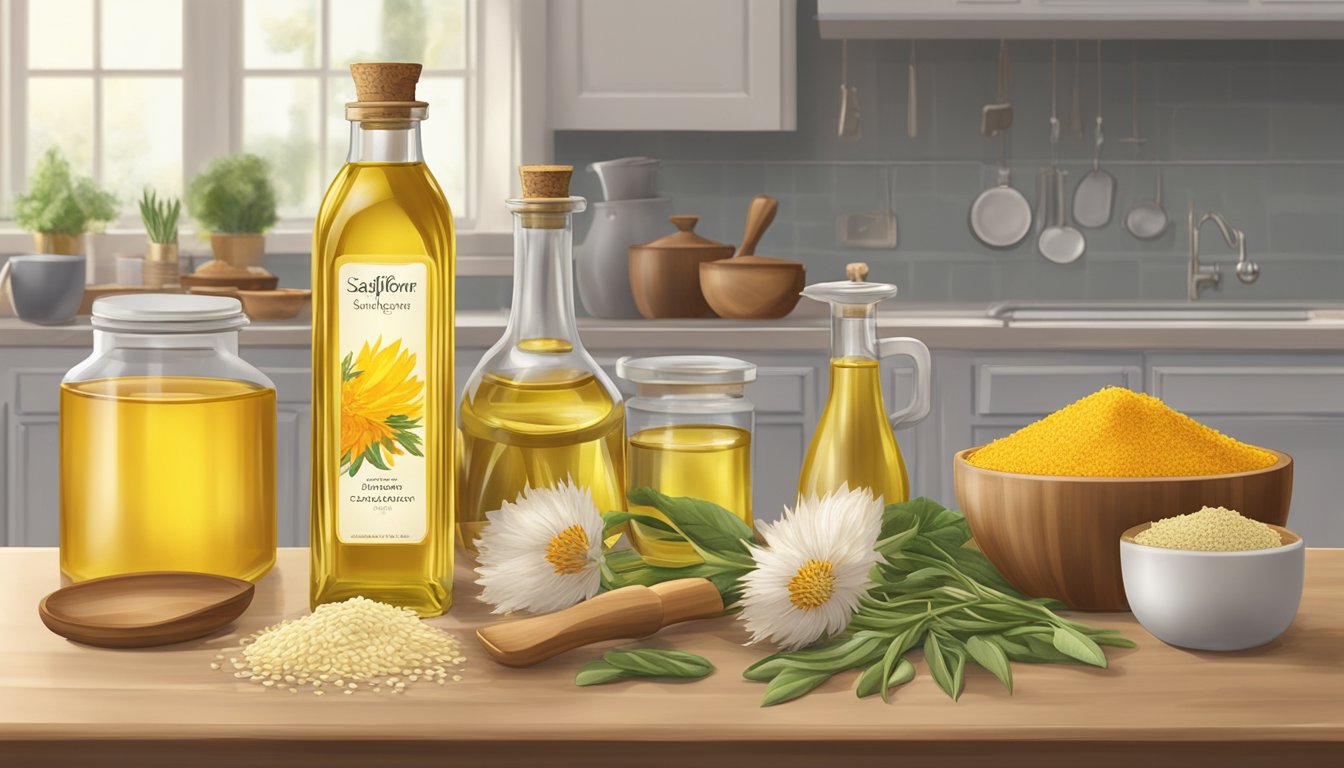 A bottle of safflower oil sits on a kitchen counter, surrounded by various cooking ingredients. The oil appears clear and golden, with no signs of cloudiness or off-putting odors