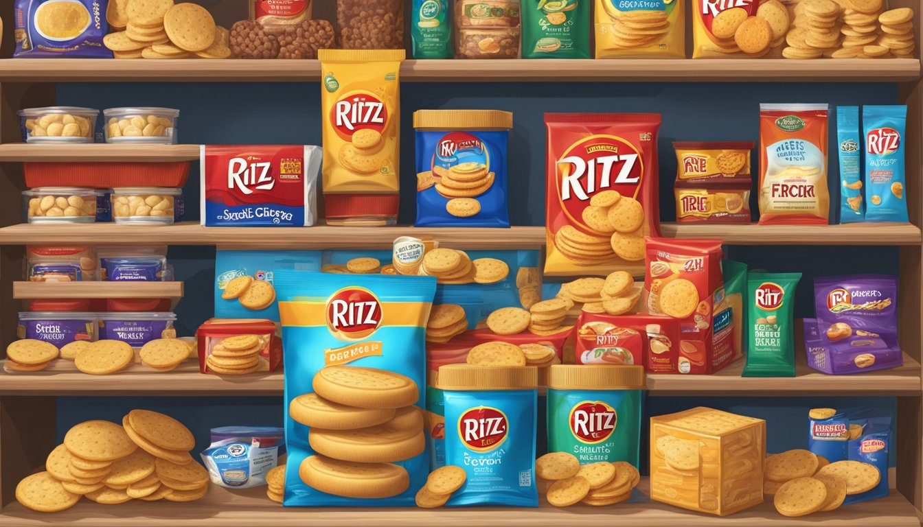 A sealed pack of Ritz Crackers sits on a clean, organized pantry shelf, surrounded by other non-perishable snacks and ingredients