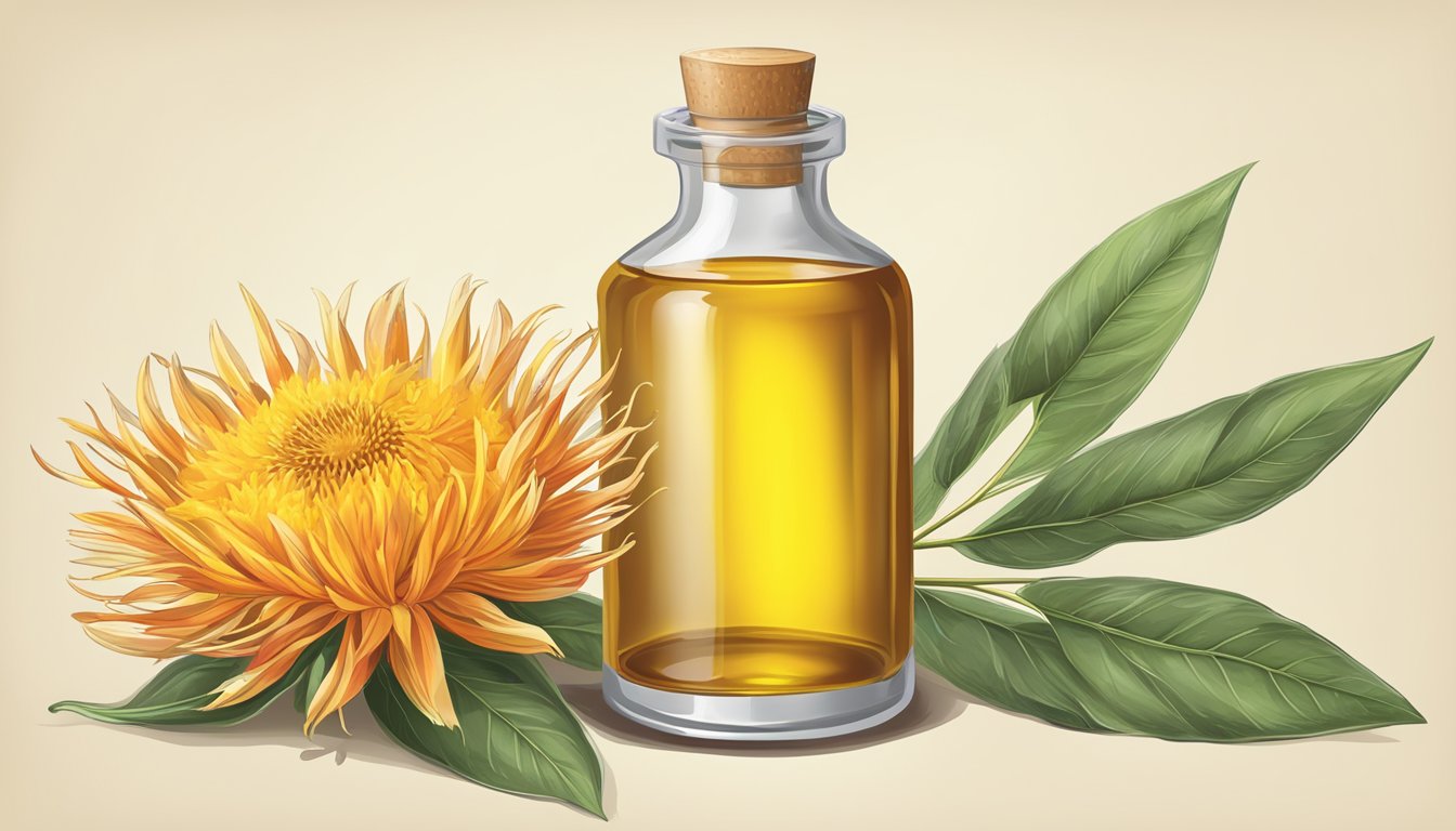 A safflower oil bottle next to a used-by date, with a fresh safflower flower nearby