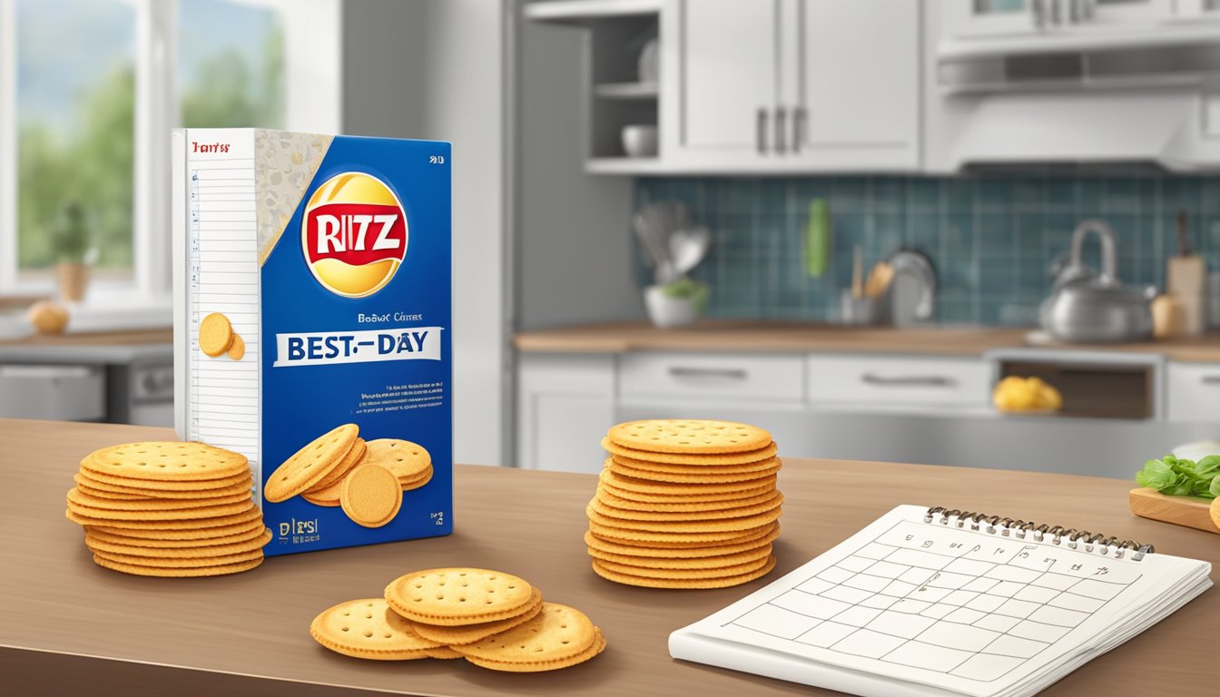 A stack of Ritz Crackers on a kitchen counter, with a calendar in the background showing the current date and a "best by" date circled in red