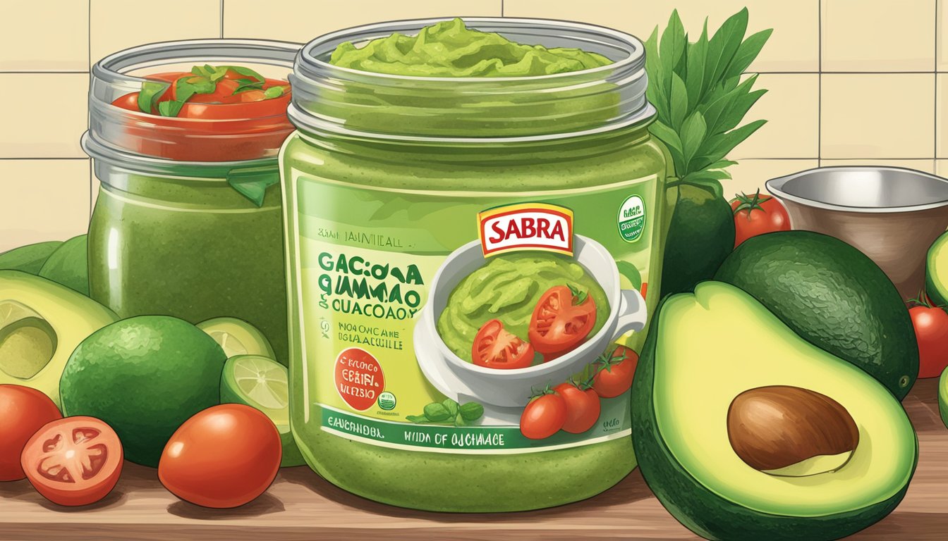 A jar of Sabra Classic Guacamole sits on a kitchen counter, surrounded by fresh avocados, tomatoes, and limes. The guacamole is untouched and ready to be enjoyed