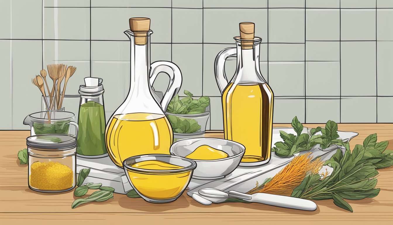 A bottle of safflower oil sits on a kitchen counter, surrounded by various ingredients and cooking utensils. The oil is being poured into a mixing bowl, ready to be incorporated into a recipe