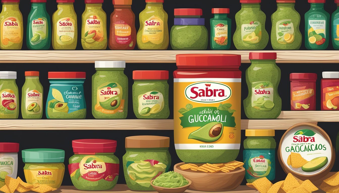 A jar of Sabra Classic Guacamole sits on a shelf, surrounded by other condiments and snacks. The label indicates the expiration date