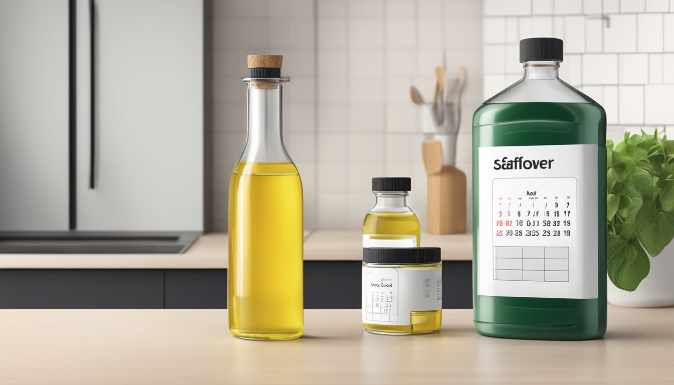 A bottle of safflower oil sits on a kitchen counter next to a calendar, with the oil's expiration date circled in red