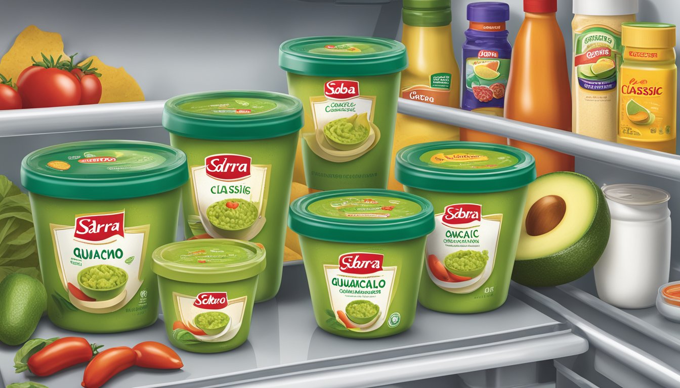 A sealed container of Sabra Classic Guacamole sits in a refrigerator next to other condiments and produce