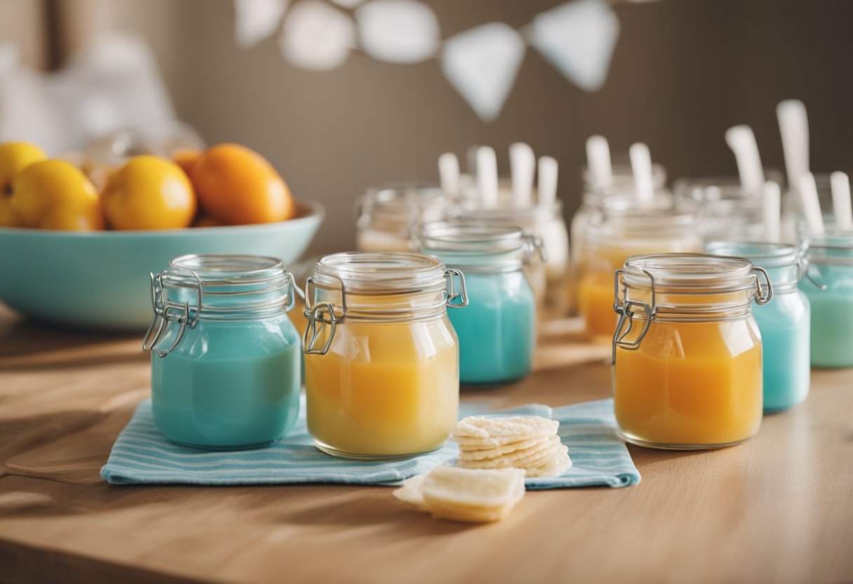 A group of colorful baby shower games and activities set up on a table, including a diaper-changing race, baby food tasting, and a guessing game with baby items in jars