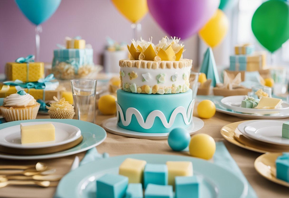 A table set with baby shower games and activities, surrounded by colorful decorations and gifts