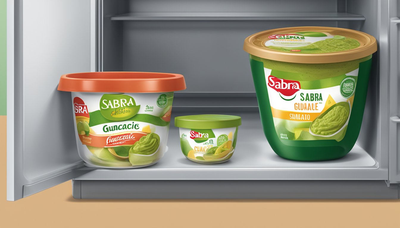 A sealed container of Sabra Classic Guacamole sits on a clean, organized refrigerator shelf with a visible expiration date