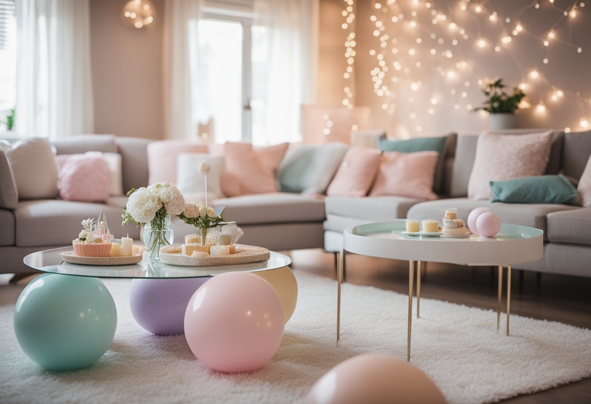 A cozy living room filled with pastel-colored decorations and games, with soft lighting and a welcoming atmosphere for a baby shower celebration