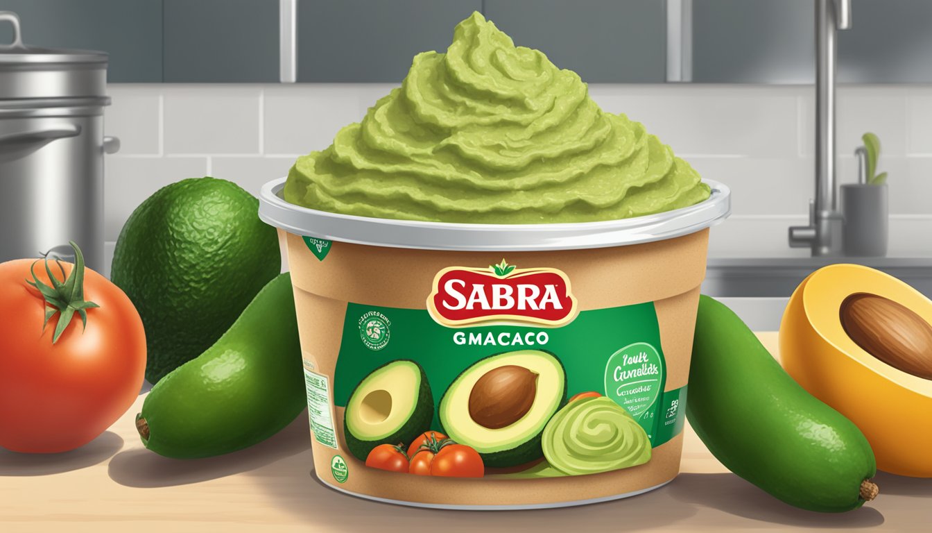 A fresh tub of Sabra Classic Guacamole sits unopened on a kitchen counter, surrounded by ripe avocados and vibrant tomatoes