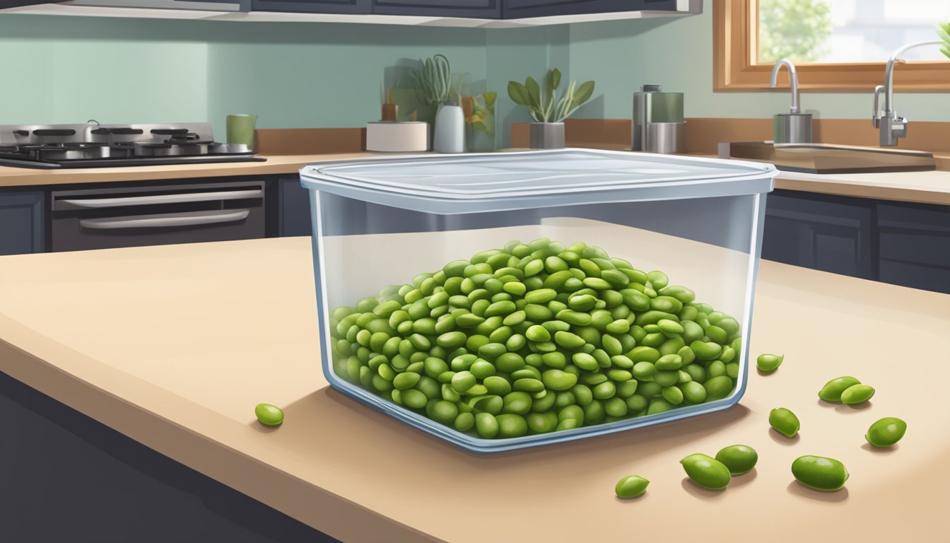 Roasted edamame in a clear, airtight container on a kitchen counter, with a small pile spilled out next to it