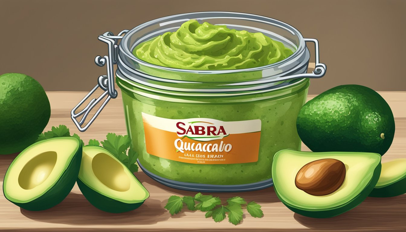 A jar of Sabra Classic Guacamole sits on a kitchen counter, surrounded by fresh avocados, limes, and cilantro. The jar is sealed and labeled with the expiration date