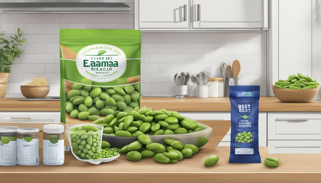 A bag of roasted edamame sits on a kitchen counter next to a calendar with the date circled. The edamame is sealed in a clear package with a "best by" date visible