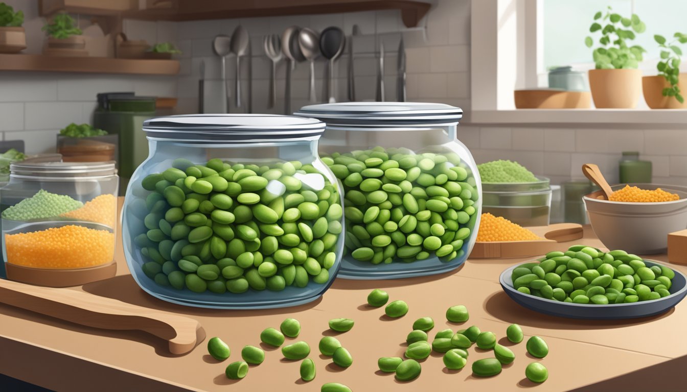 A glass jar filled with roasted edamame sits on a kitchen counter, surrounded by various ingredients and cooking utensils