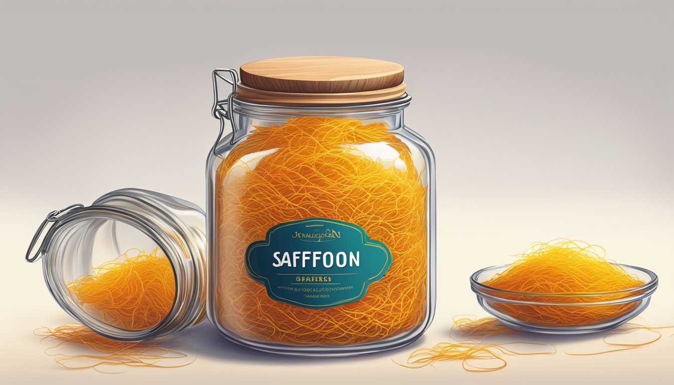 A glass jar filled with vibrant saffron threads, tightly sealed