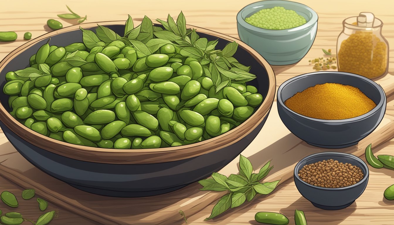 A bowl of roasted edamame sits on a wooden table, surrounded by various herbs and spices. A timer in the background indicates the passage of time