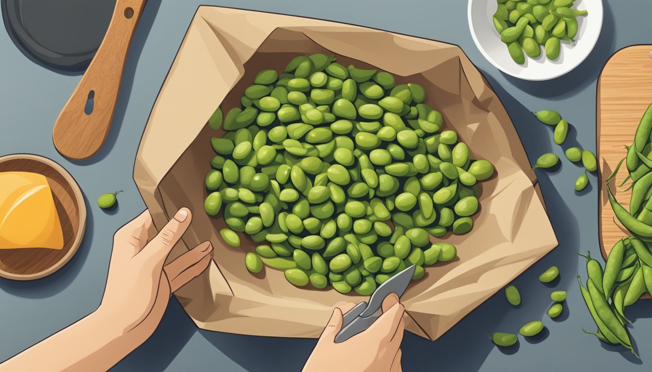 A bag of roasted edamame sits on a kitchen counter next to a cutting board and knife. A person's hand reaches for a container to store the edamame