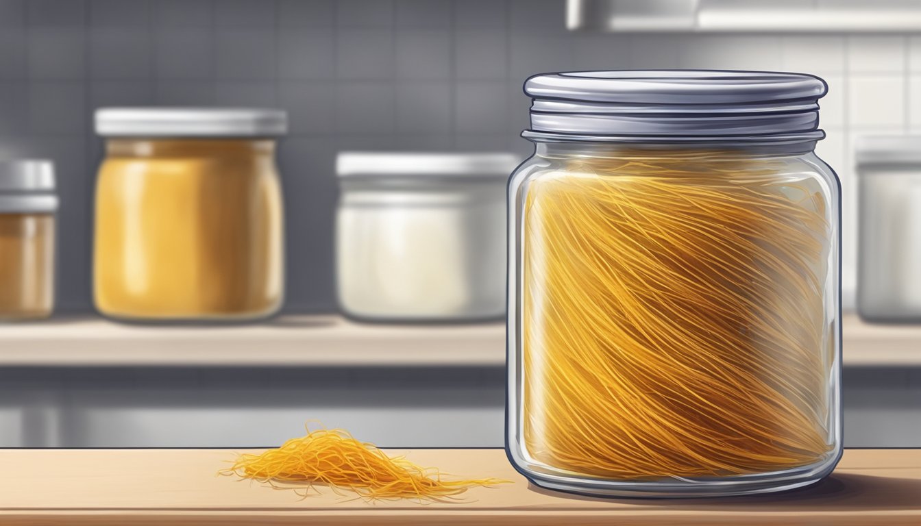 A small jar of saffron threads sits on a kitchen shelf, untouched for months, with mold and discoloration starting to form on the threads