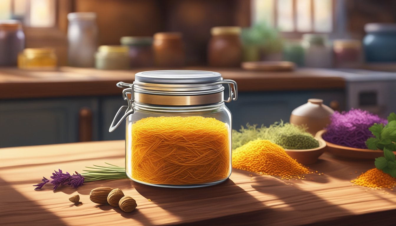 A small jar of saffron threads sits on a rustic wooden kitchen counter, surrounded by colorful spices and herbs. The sunlight streams in through a nearby window, casting a warm glow on the scene