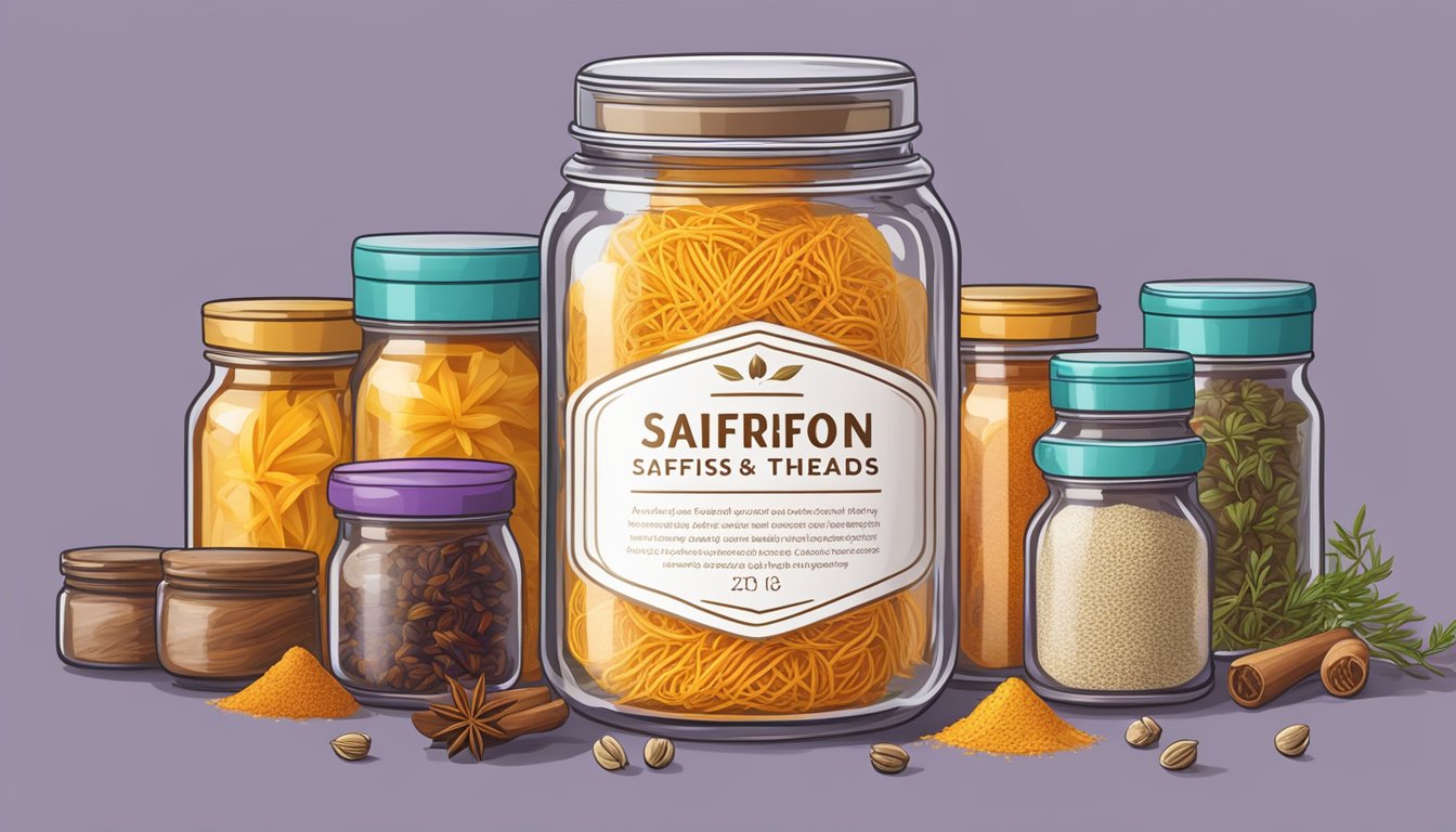 A jar of saffron threads sealed tightly with a "best by" date on the label, surrounded by various containers of alternative spices and substitutes