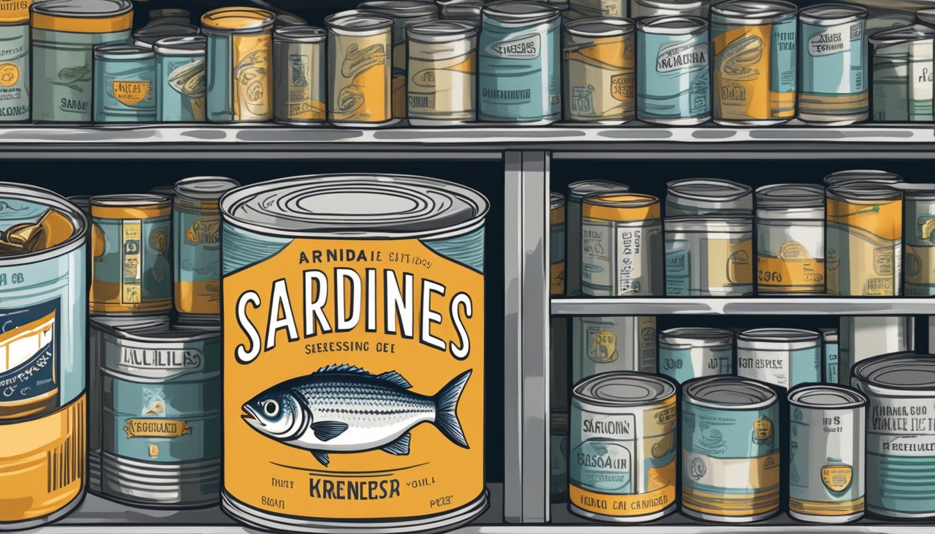 A can of sardines sits on a pantry shelf, surrounded by other canned goods. The expiration date is visible on the label