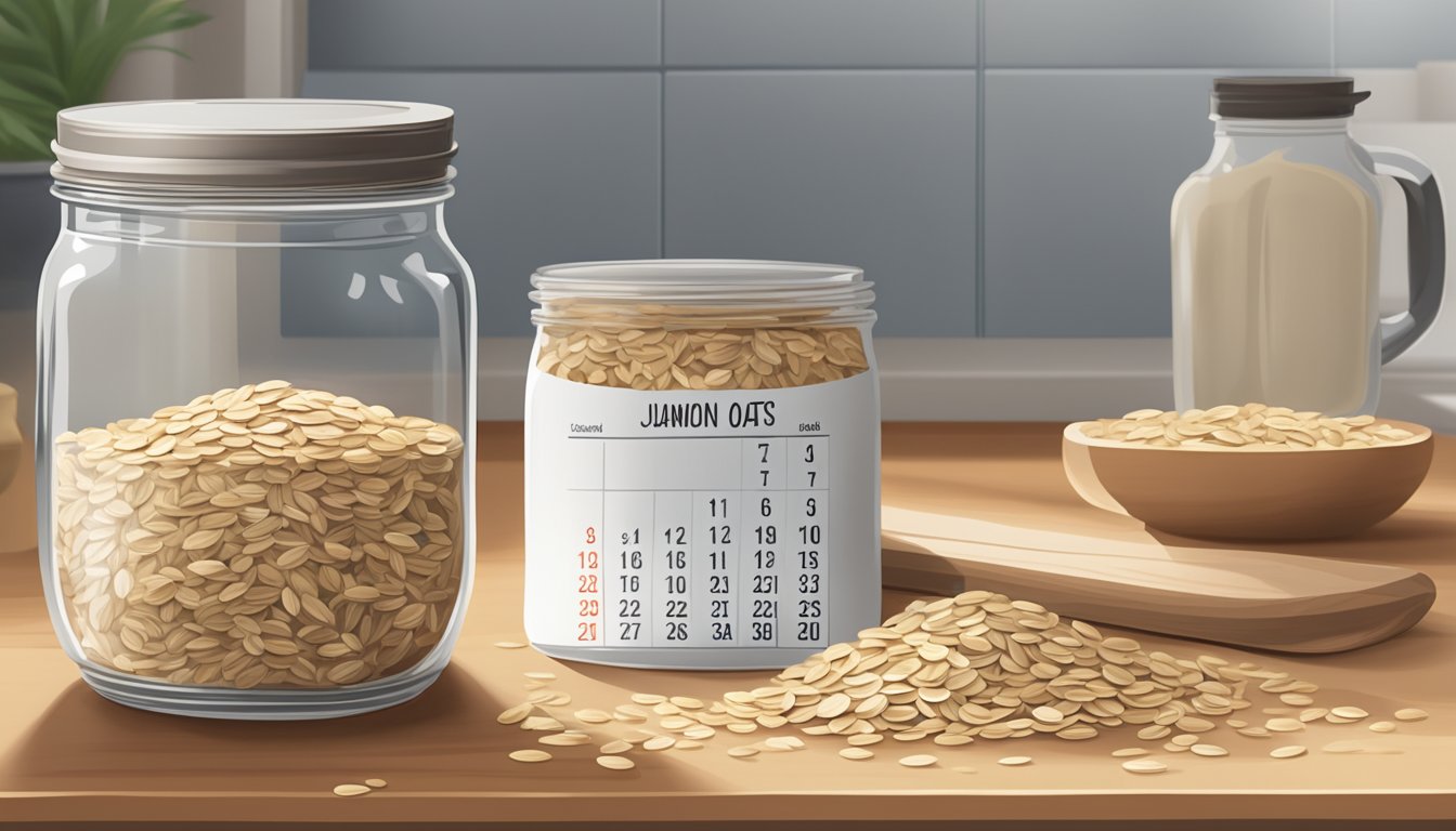 A mason jar filled with rolled oats sits on a kitchen counter, next to a calendar showing the current date and a small pile of oats spilled from the jar