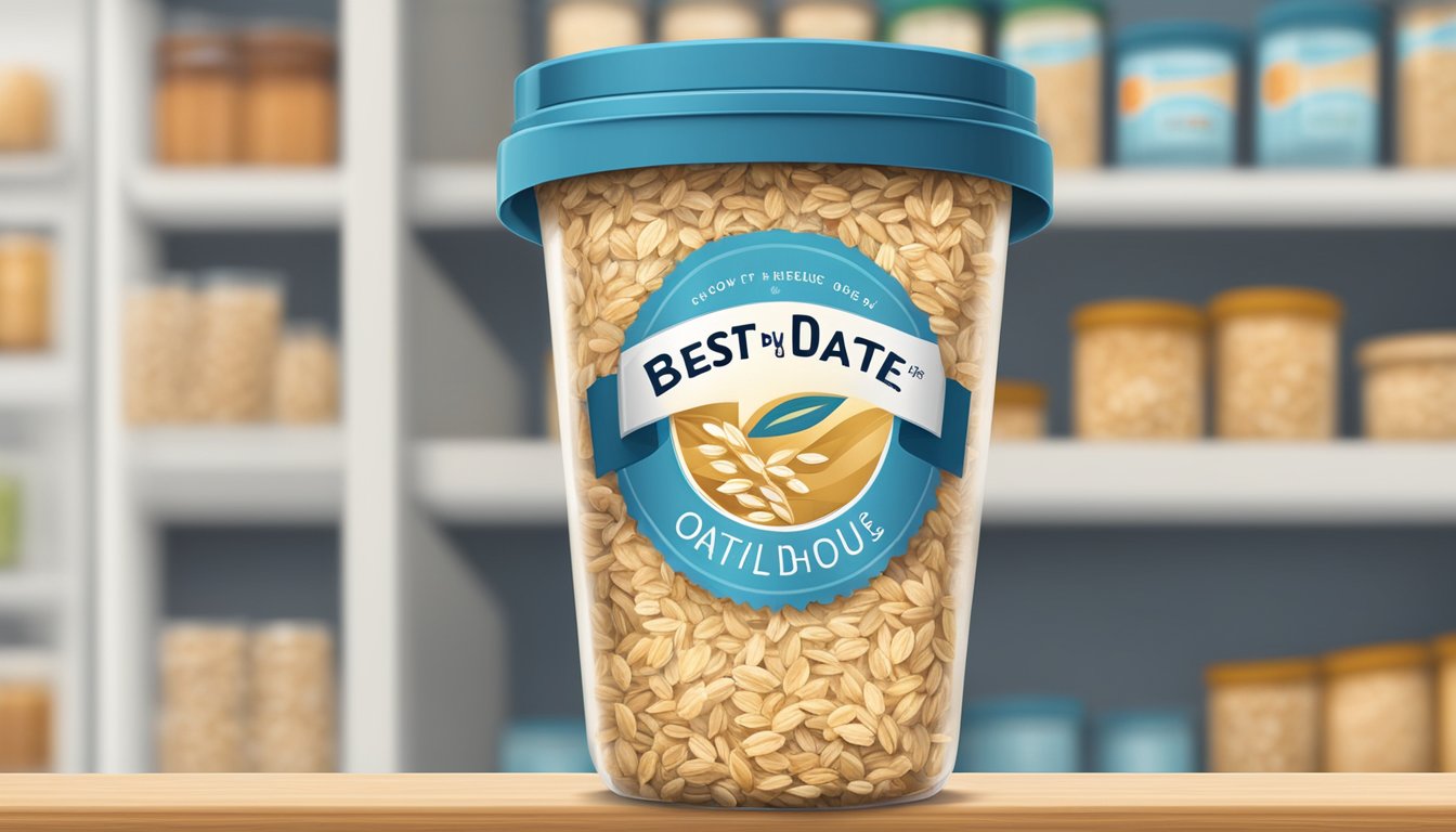 A sealed container of rolled oats on a shelf, with a "best by" date visible