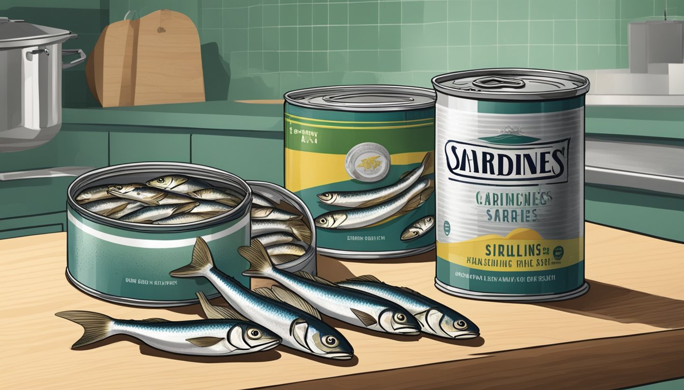 A can of sardines sits open on a kitchen counter, with a foul odor emanating from the fish. The sardines are discolored and covered in a slimy film