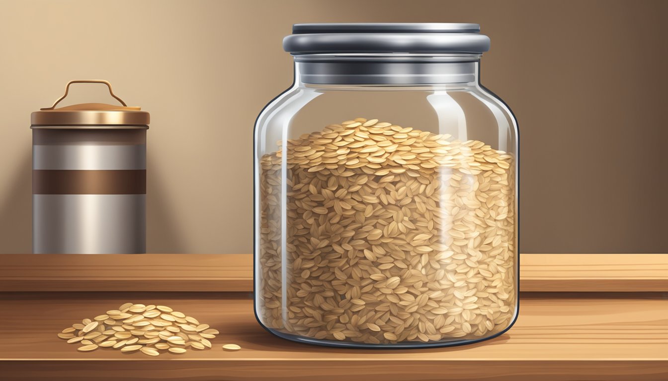 A clear glass jar filled with rolled oats, sealed with a metal lid, placed on a wooden shelf in a pantry